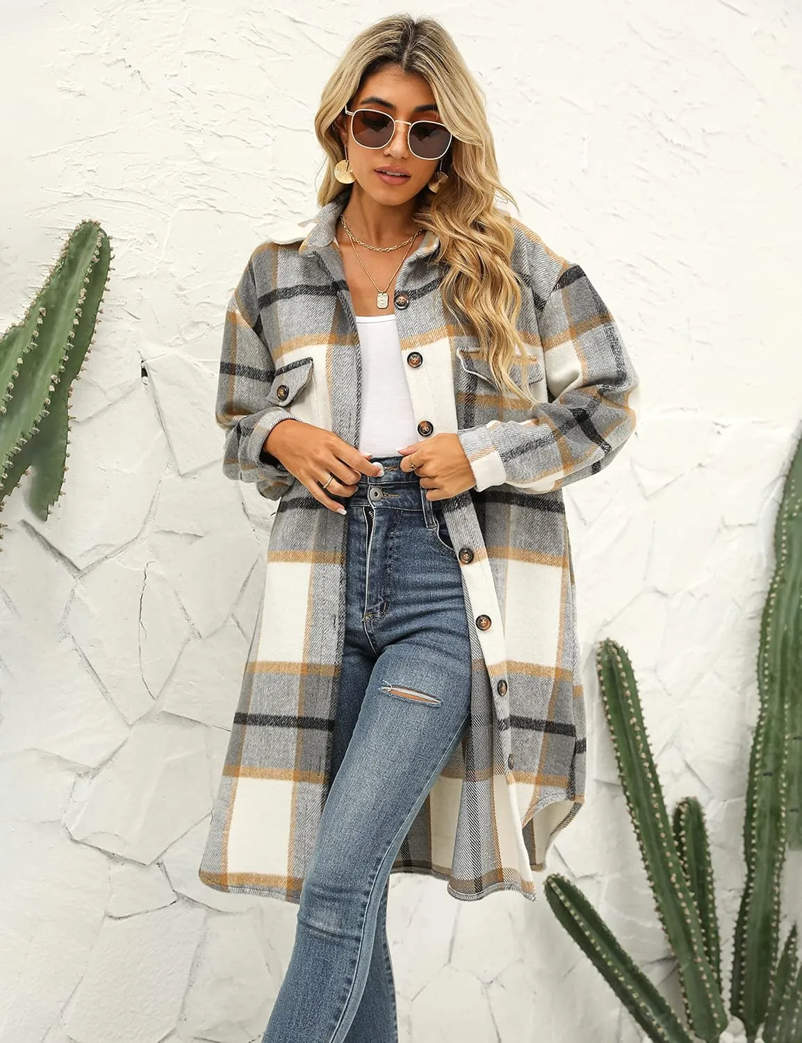 PUWEI Women's Long Flannel Plaid Jacket Shacket Cozy Lapel Button Down Shirt Jacket Fuzzy Trench Coat