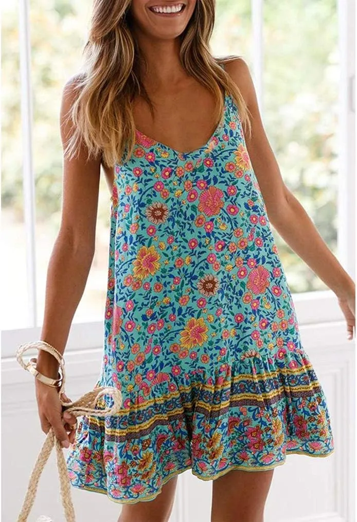 Qearal Womens Boho Floral Printed Dress Summer Sleeveless Adjustable Strap Beach Mini Dress with Pockets
