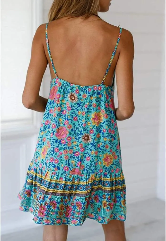 Qearal Womens Boho Floral Printed Dress Summer Sleeveless Adjustable Strap Beach Mini Dress with Pockets