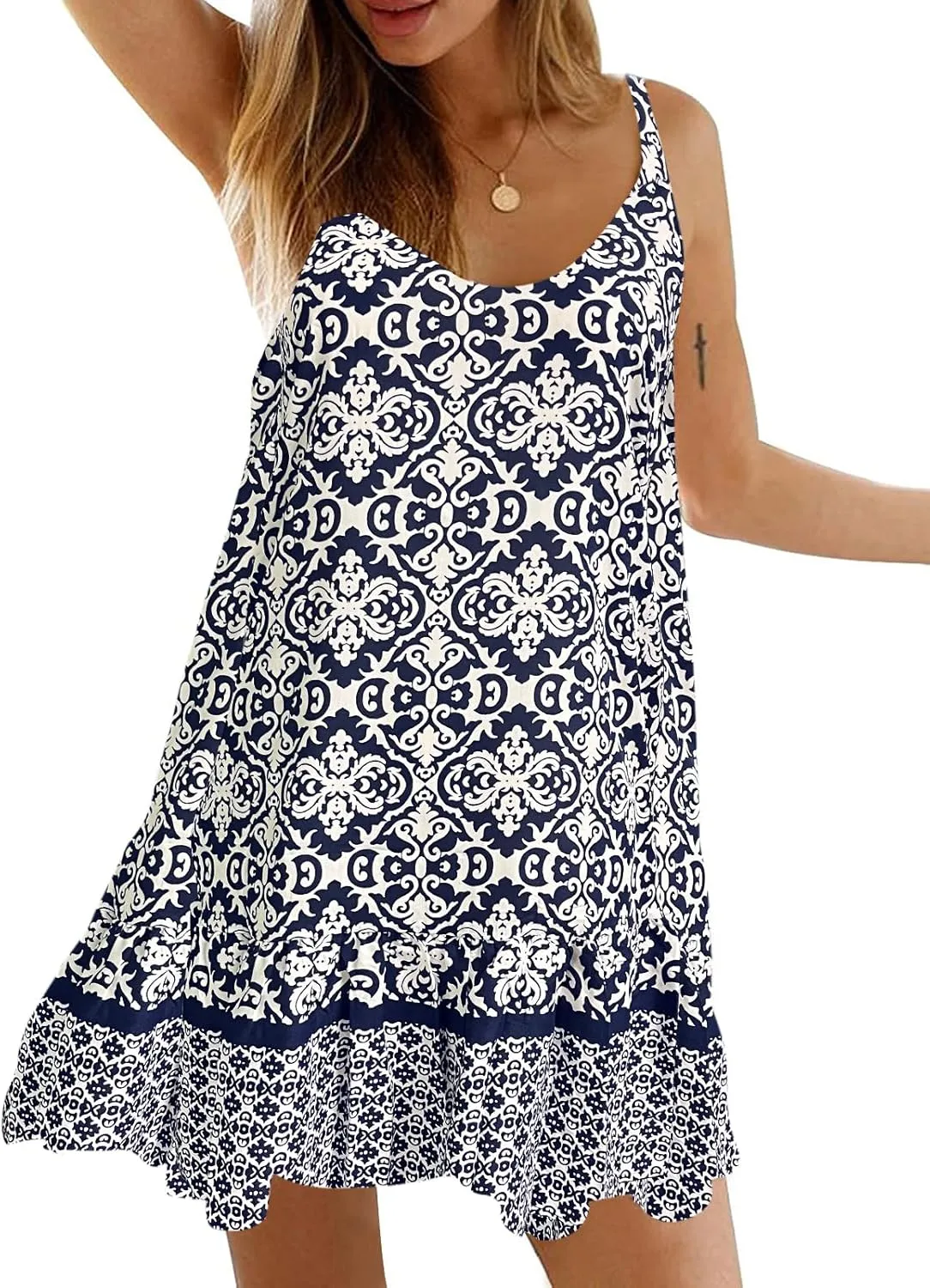 Qearal Womens Boho Floral Printed Dress Summer Sleeveless Adjustable Strap Beach Mini Dress with Pockets