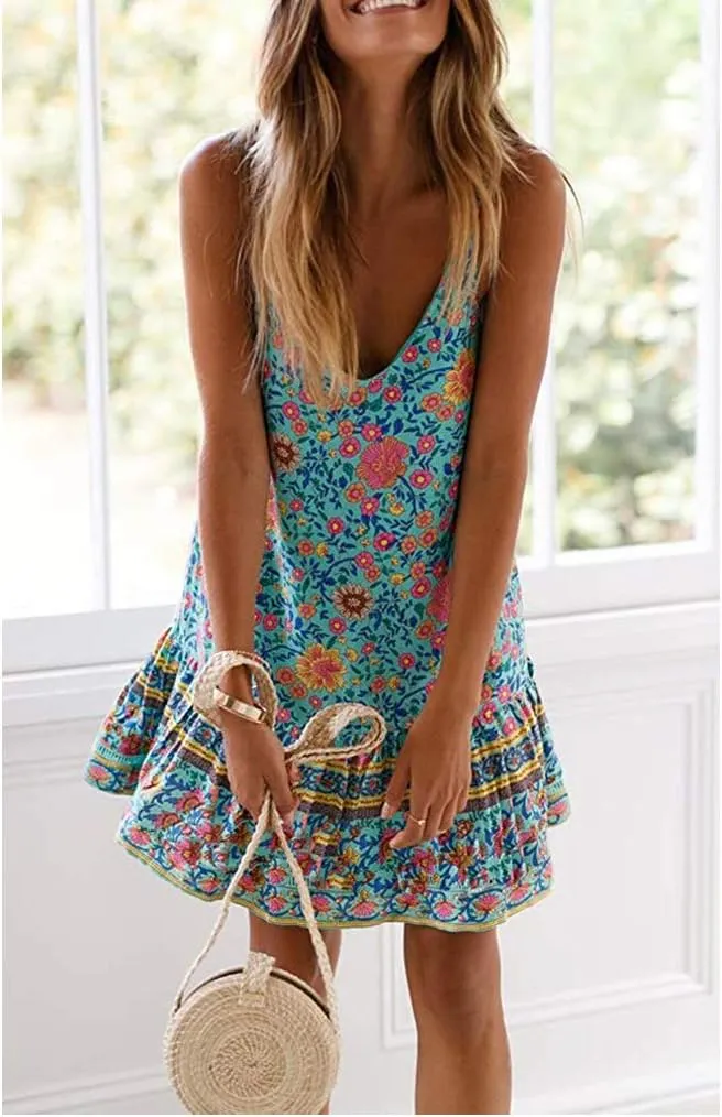 Qearal Womens Boho Floral Printed Dress Summer Sleeveless Adjustable Strap Beach Mini Dress with Pockets