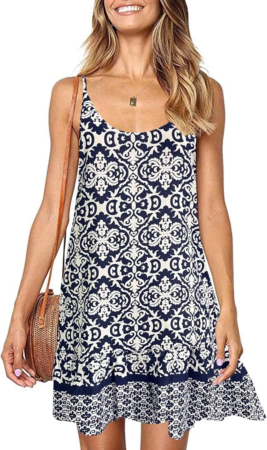 Qearal Womens Boho Floral Printed Dress Summer Sleeveless Adjustable Strap Beach Mini Dress with Pockets