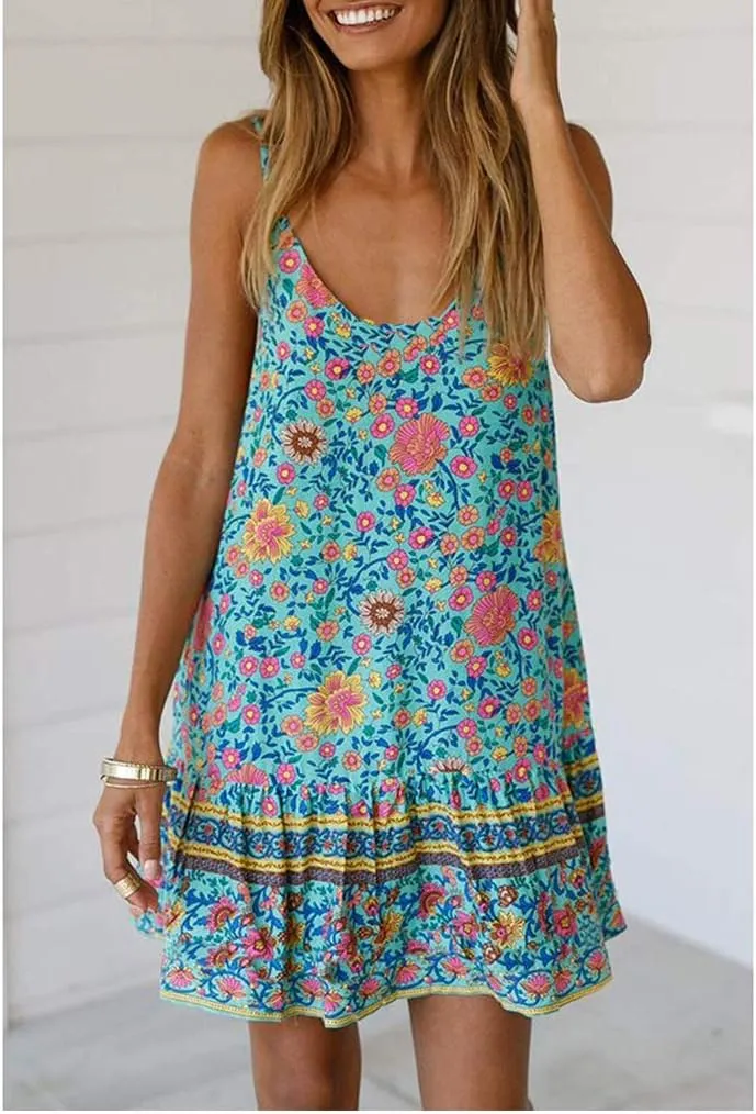 Qearal Womens Boho Floral Printed Dress Summer Sleeveless Adjustable Strap Beach Mini Dress with Pockets