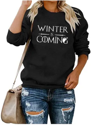 Qrupoad Women Winter is Coming Sweatshirt Hoodie Long Sleeve Oversized Cozy Fleece Pullover Tops with Pockets