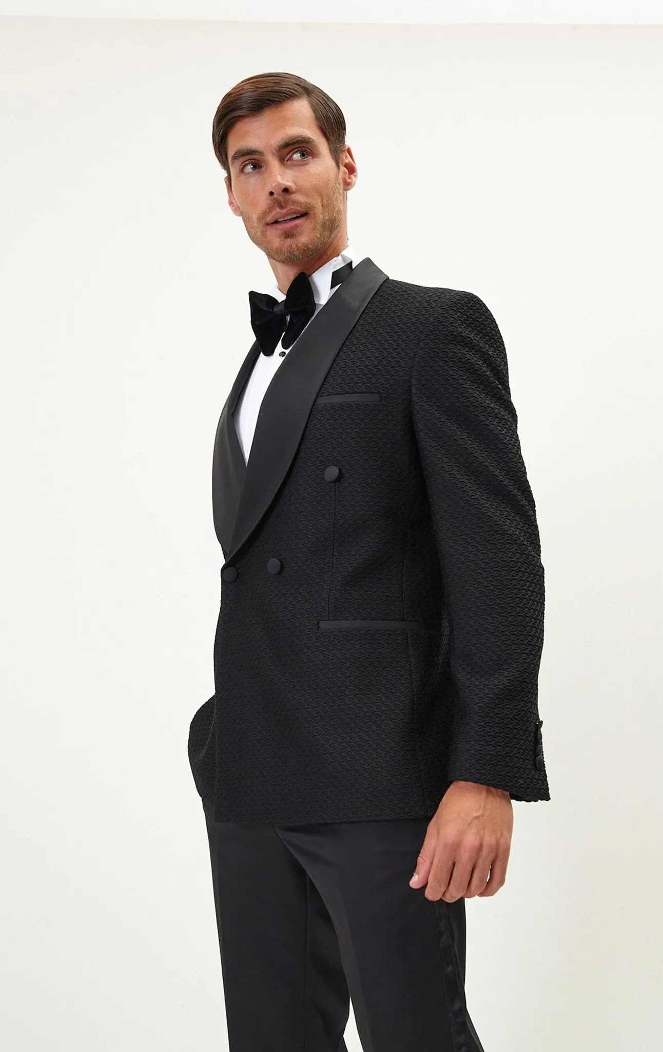 Raised Armor Texture Double Brested Tuxedo Jacket - Black