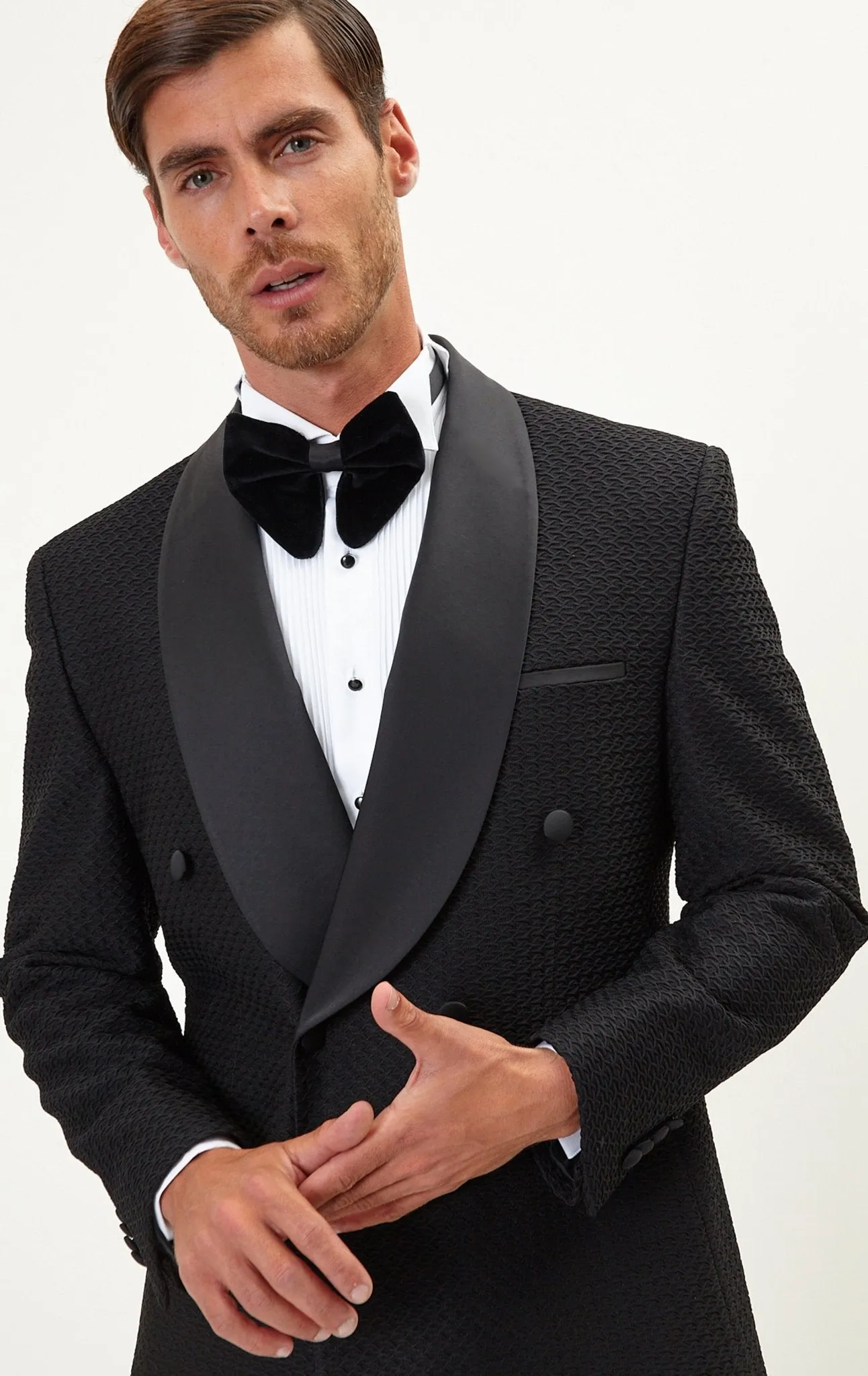 Raised Armor Texture Double Brested Tuxedo Jacket - Black