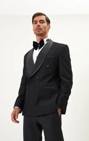 Raised Armor Texture Double Brested Tuxedo Jacket - Black