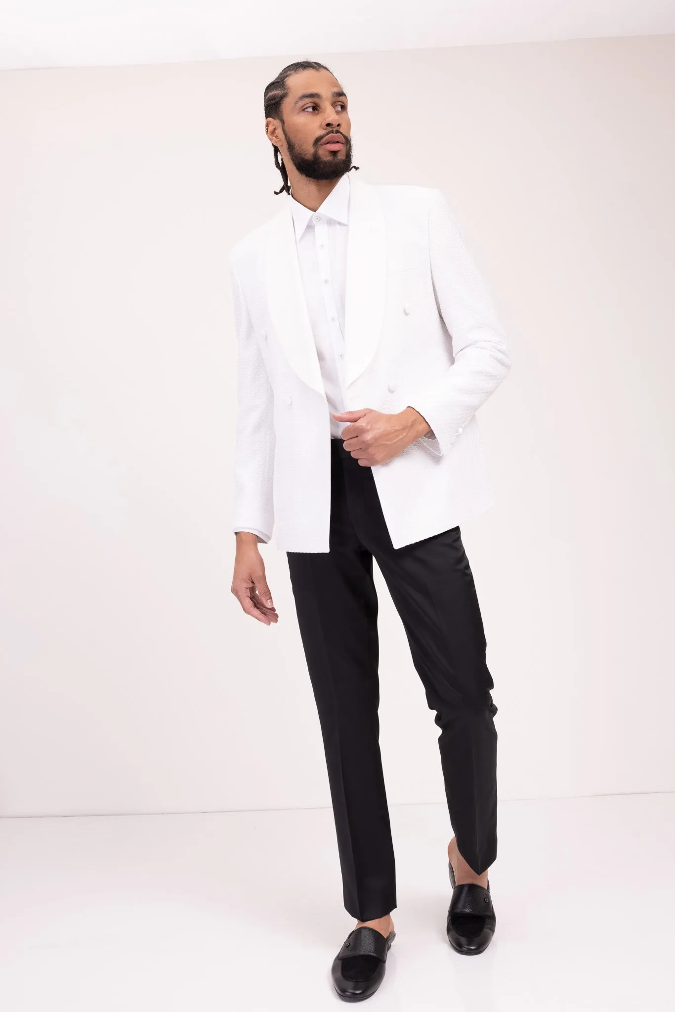 Raised Armor Texture Double Brested Tuxedo Jacket - White