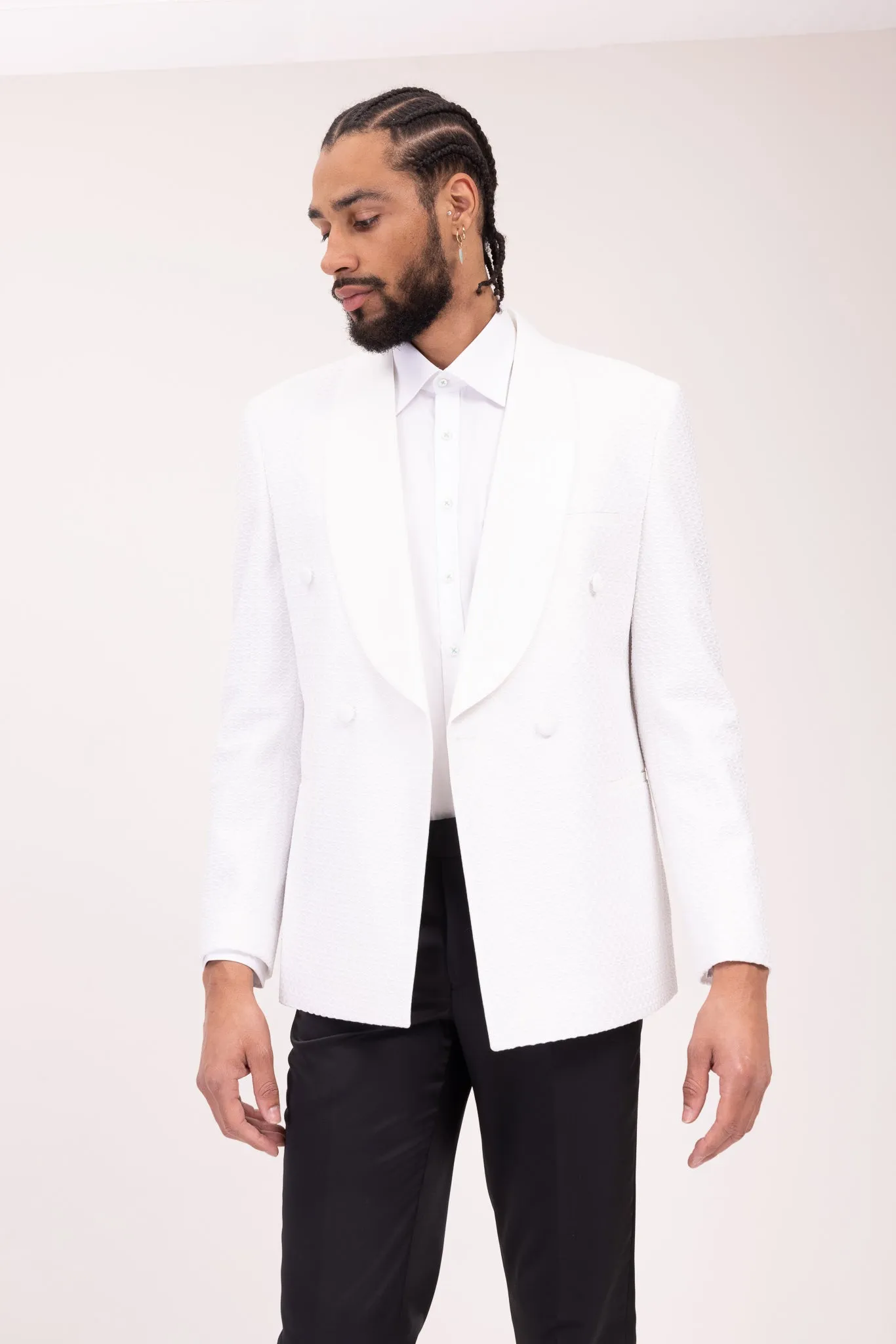Raised Armor Texture Double Brested Tuxedo Jacket - White