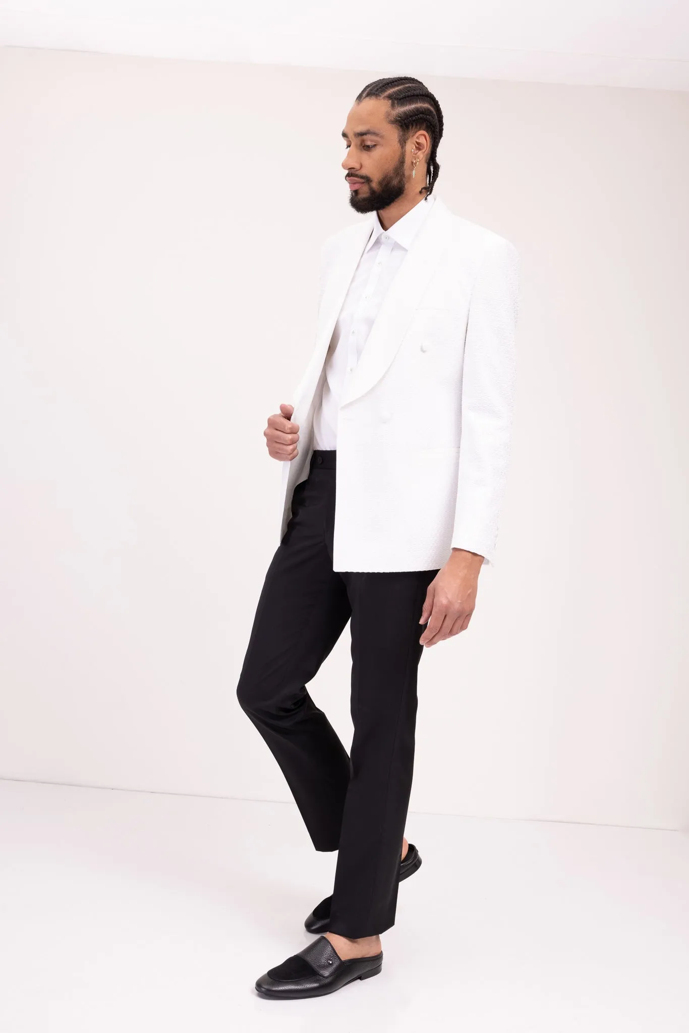 Raised Armor Texture Double Brested Tuxedo Jacket - White
