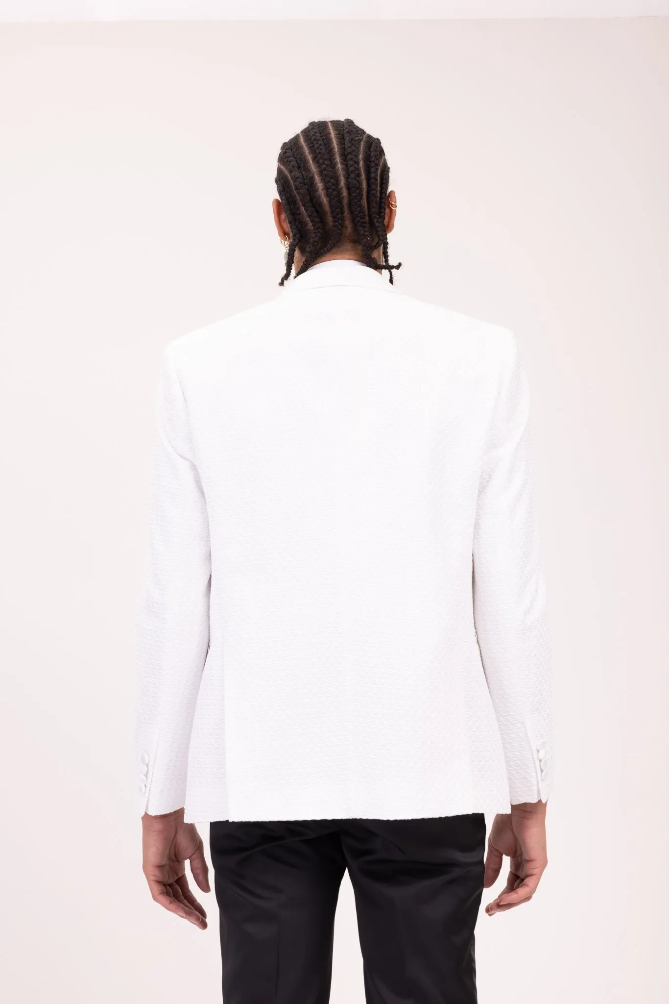Raised Armor Texture Double Brested Tuxedo Jacket - White