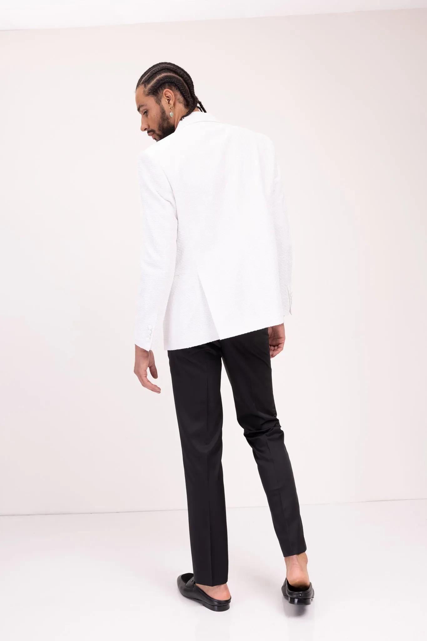 Raised Armor Texture Double Brested Tuxedo Jacket - White