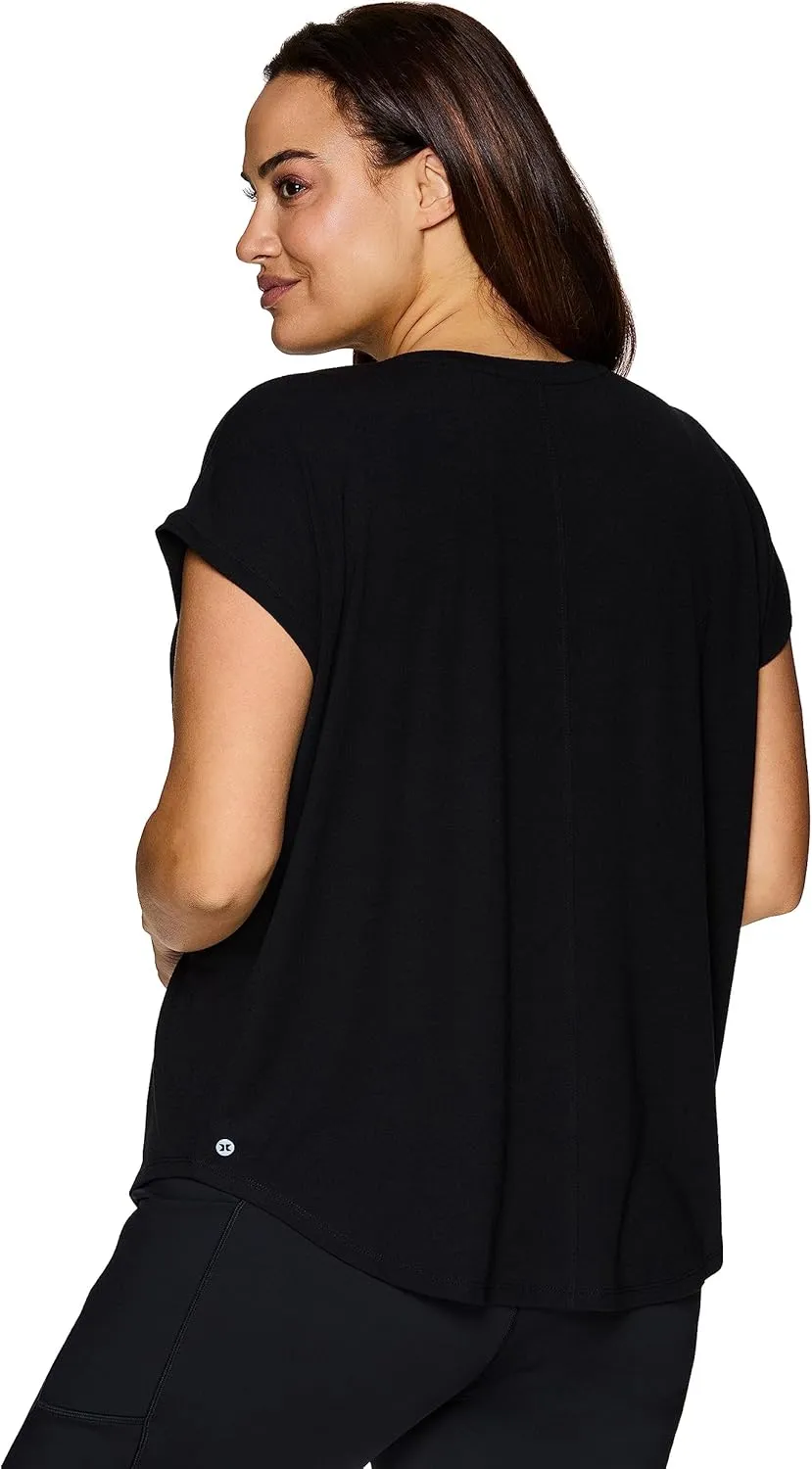 RBX Women's Plus Size V-Neck T-Shirt Tunic Relaxed Fit Super Soft Short Sleeve Jersey Tee