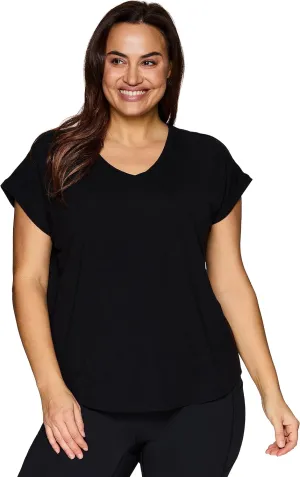RBX Women's Plus Size V-Neck T-Shirt Tunic Relaxed Fit Super Soft Short Sleeve Jersey Tee