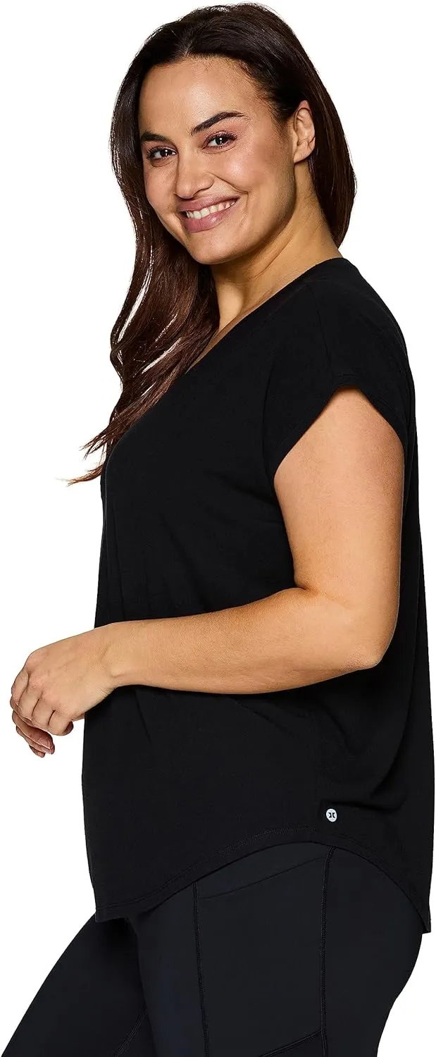 RBX Women's Plus Size V-Neck T-Shirt Tunic Relaxed Fit Super Soft Short Sleeve Jersey Tee