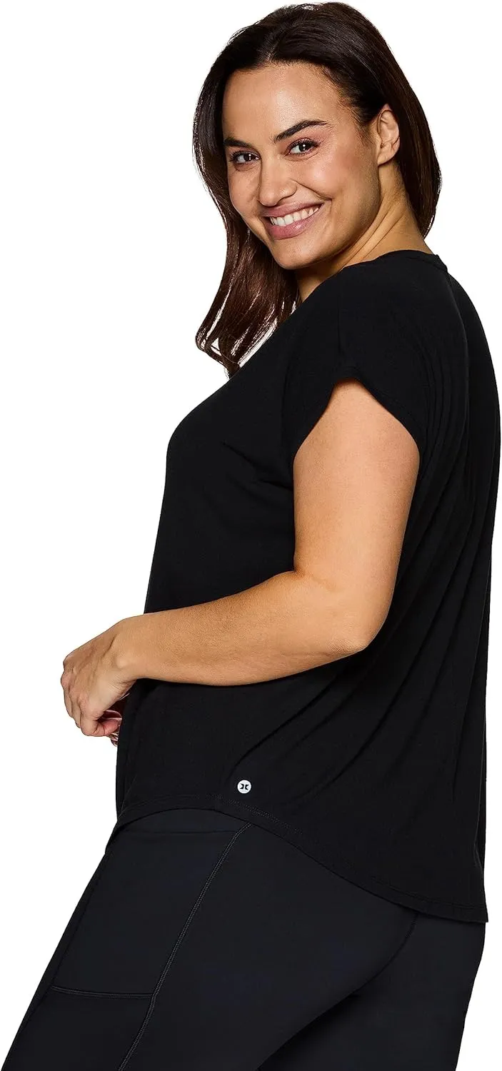 RBX Women's Plus Size V-Neck T-Shirt Tunic Relaxed Fit Super Soft Short Sleeve Jersey Tee