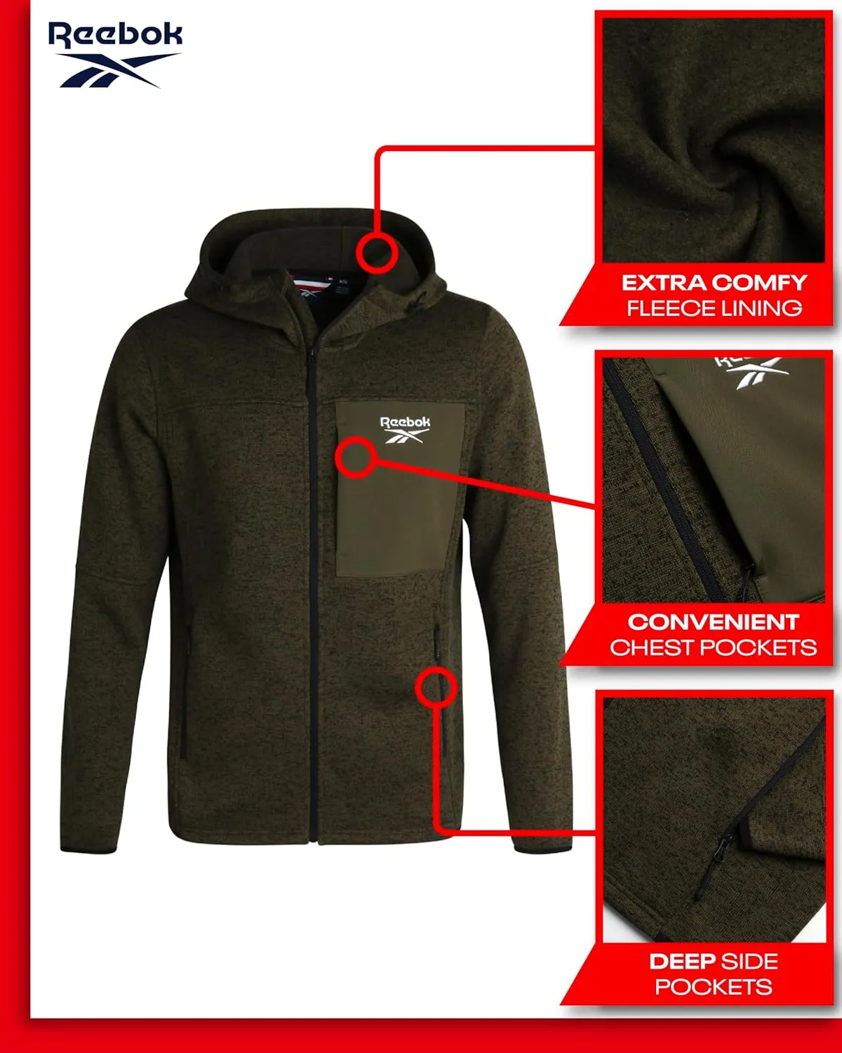 Reebok Men's Sweater Jacket - Fleece Lined Weather Resistant Insulated Outerwear - Cozy Sweater Jackets for Men (Sizes:M-XXL)