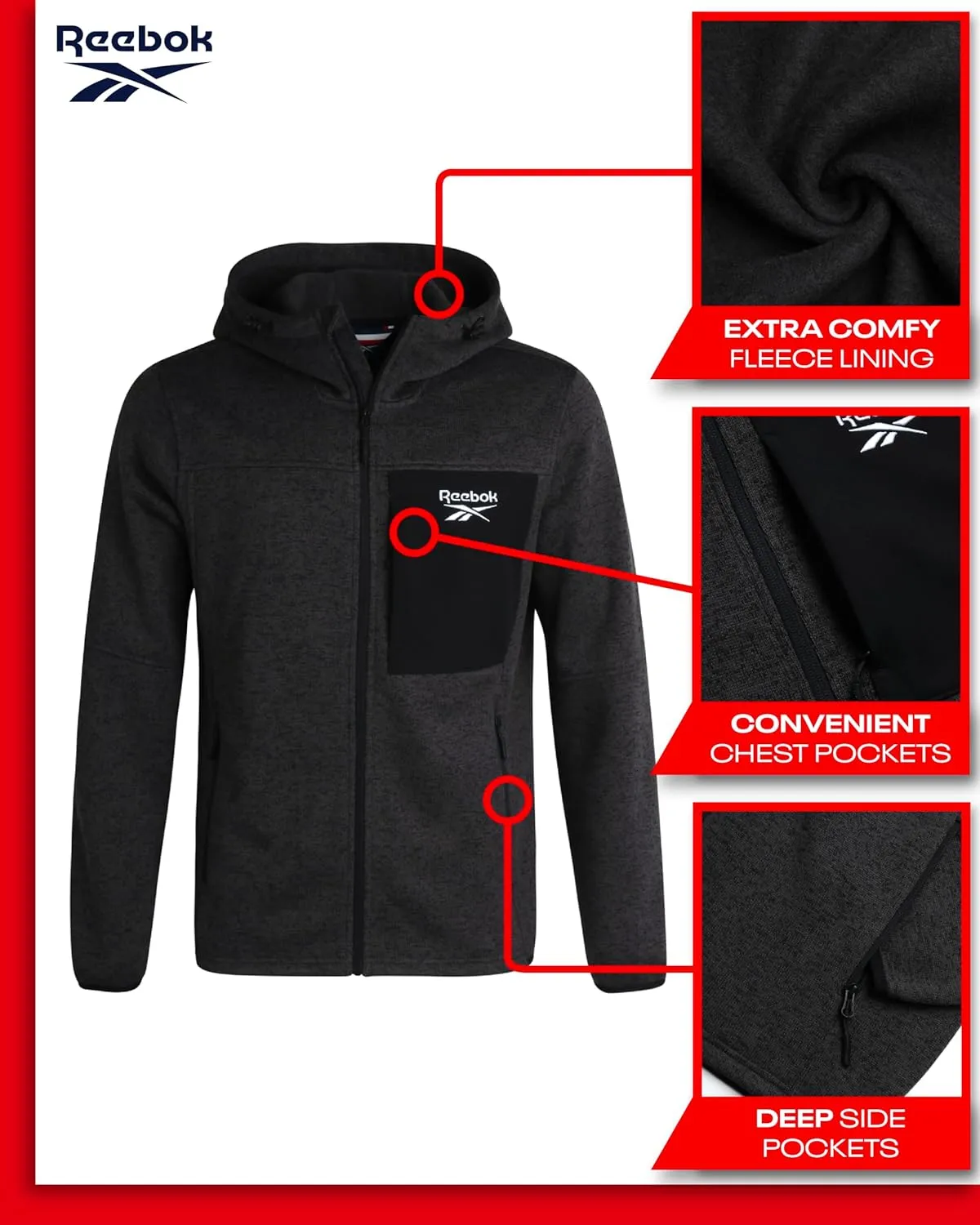 Reebok Men's Sweater Jacket - Fleece Lined Weather Resistant Insulated Outerwear - Cozy Sweater Jackets for Men (Sizes:M-XXL)
