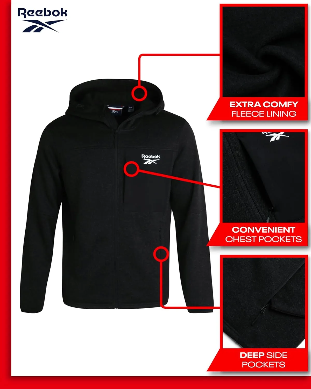 Reebok Men's Sweater Jacket - Fleece Lined Weather Resistant Insulated Outerwear - Cozy Sweater Jackets for Men (Sizes:M-XXL)