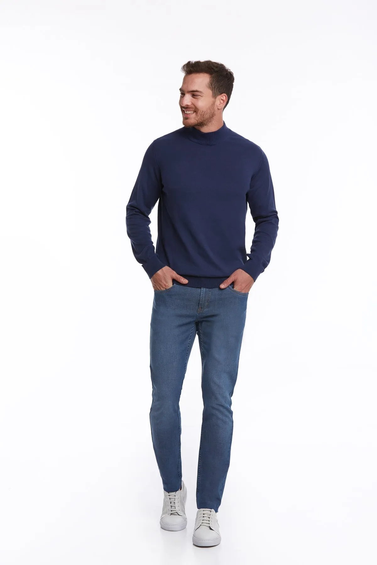 Regular Fit 100% Cotton Indigo Mock Neck Sweater