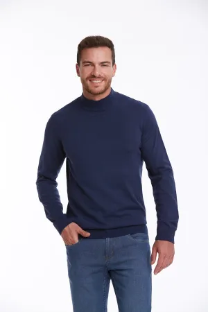 Regular Fit 100% Cotton Indigo Mock Neck Sweater