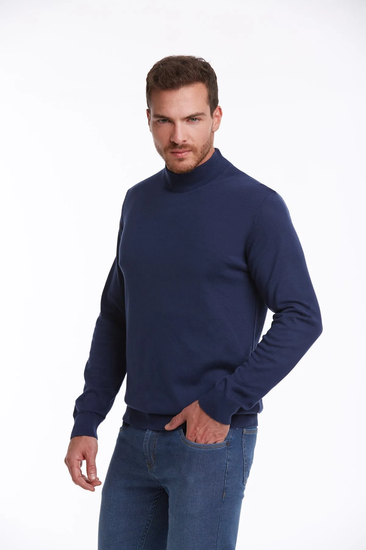 Regular Fit 100% Cotton Indigo Mock Neck Sweater