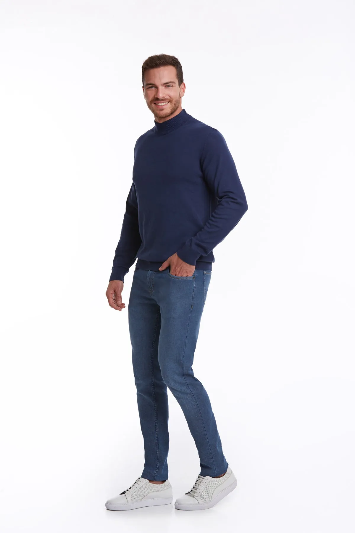 Regular Fit 100% Cotton Indigo Mock Neck Sweater