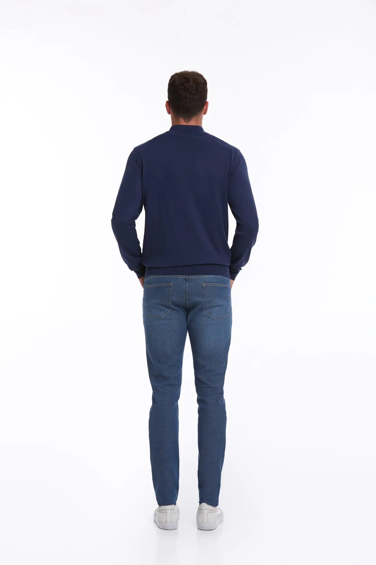 Regular Fit 100% Cotton Indigo Mock Neck Sweater