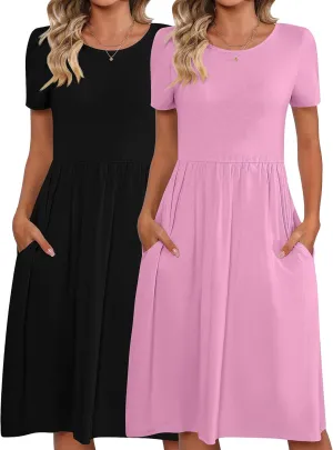 Riyiper 2 Pack Women Short Sleeve Dresses, Loose Fit Casual T Shirt Dress, Ladies Knee Length Swing Dress with Pockets