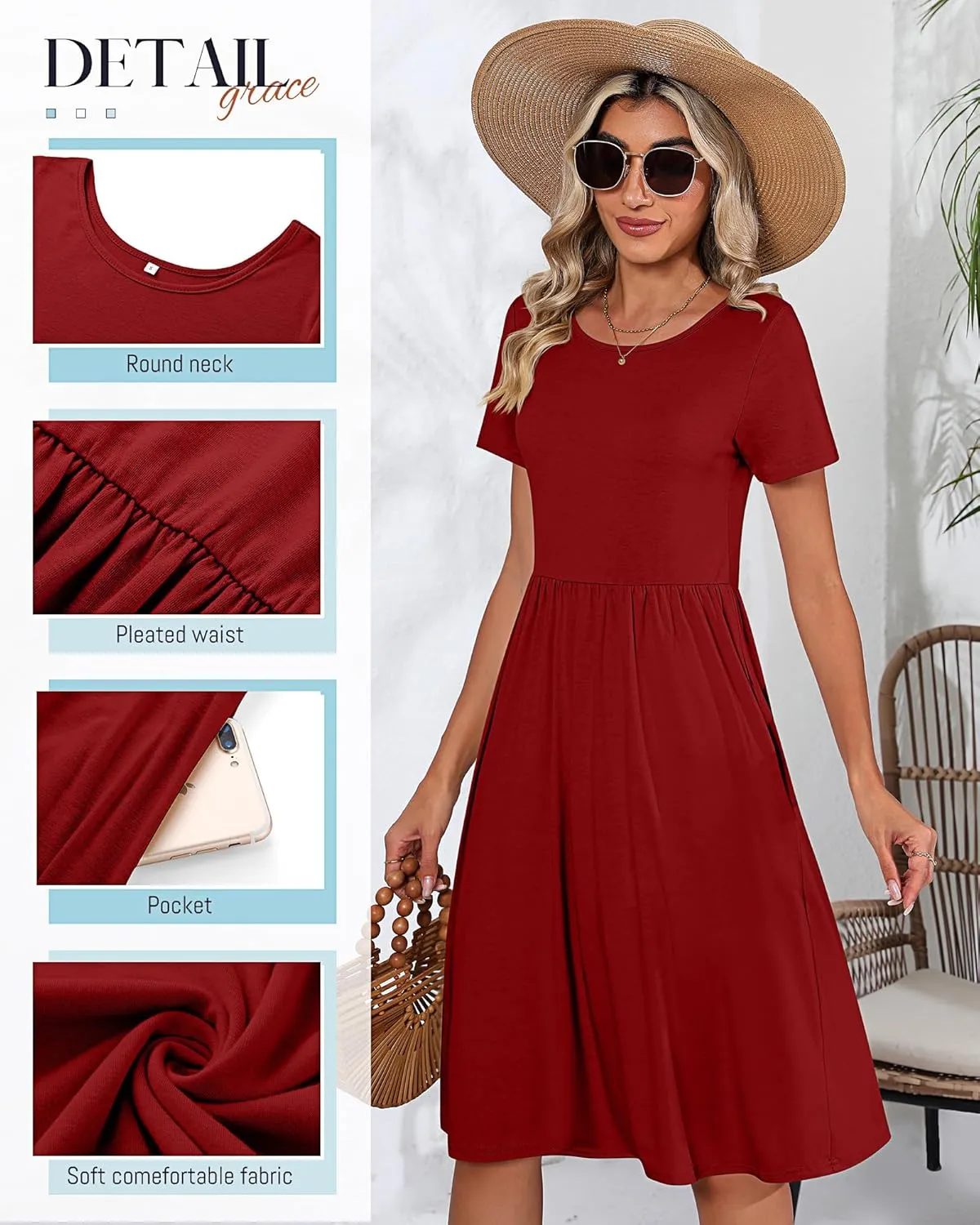 Riyiper 2 Pack Women Short Sleeve Dresses, Loose Fit Casual T Shirt Dress, Ladies Knee Length Swing Dress with Pockets