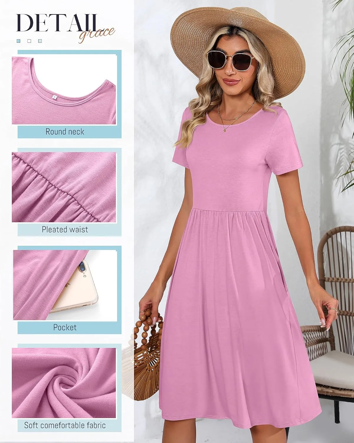 Riyiper 2 Pack Women Short Sleeve Dresses, Loose Fit Casual T Shirt Dress, Ladies Knee Length Swing Dress with Pockets