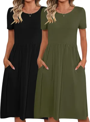 Riyiper 2 Pack Women Short Sleeve Dresses, Loose Fit Casual T Shirt Dress, Ladies Knee Length Swing Dress with Pockets