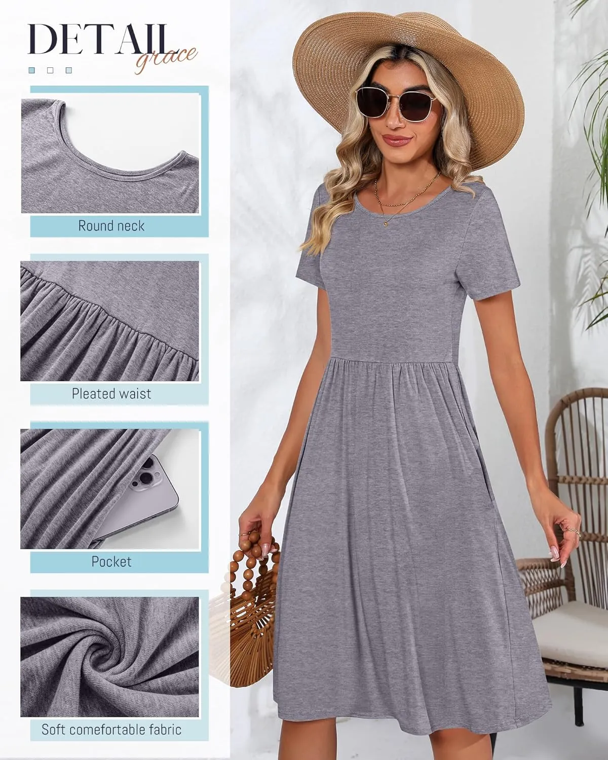 Riyiper 2 Pack Women Short Sleeve Dresses, Loose Fit Casual T Shirt Dress, Ladies Knee Length Swing Dress with Pockets