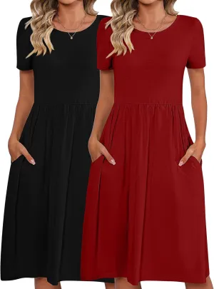 Riyiper 2 Pack Women Short Sleeve Dresses, Loose Fit Casual T Shirt Dress, Ladies Knee Length Swing Dress with Pockets