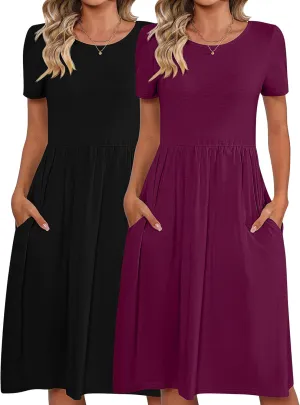 Riyiper 2 Pack Women Short Sleeve Dresses, Loose Fit Casual T Shirt Dress, Ladies Knee Length Swing Dress with Pockets