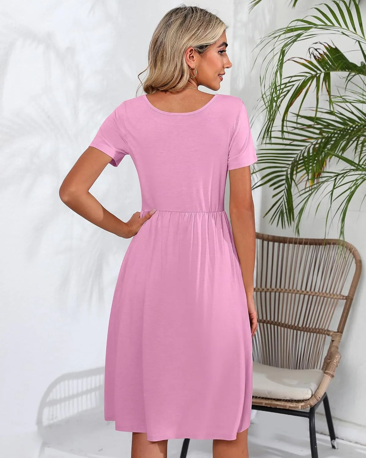 Riyiper 2 Pack Women Short Sleeve Dresses, Loose Fit Casual T Shirt Dress, Ladies Knee Length Swing Dress with Pockets