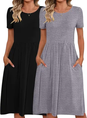 Riyiper 2 Pack Women Short Sleeve Dresses, Loose Fit Casual T Shirt Dress, Ladies Knee Length Swing Dress with Pockets