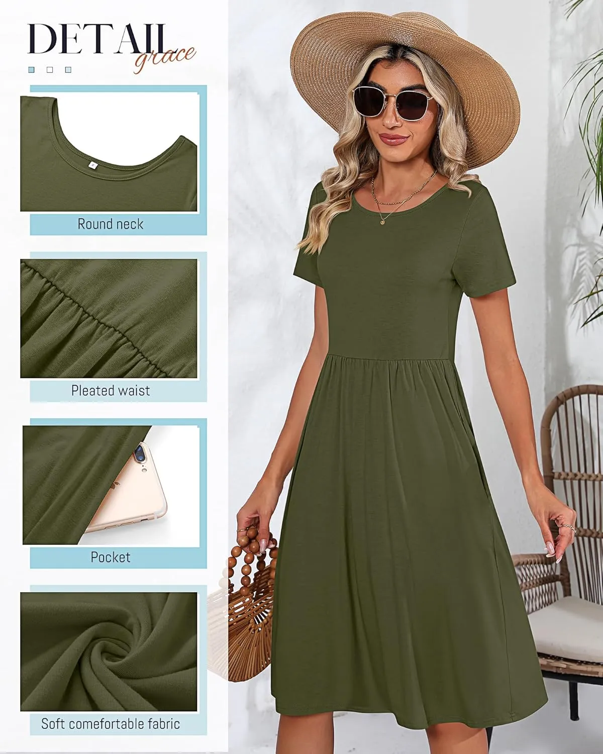 Riyiper 2 Pack Women Short Sleeve Dresses, Loose Fit Casual T Shirt Dress, Ladies Knee Length Swing Dress with Pockets