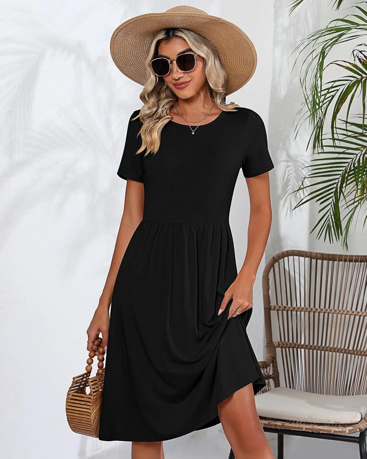 Riyiper 2 Pack Women Short Sleeve Dresses, Loose Fit Casual T Shirt Dress, Ladies Knee Length Swing Dress with Pockets