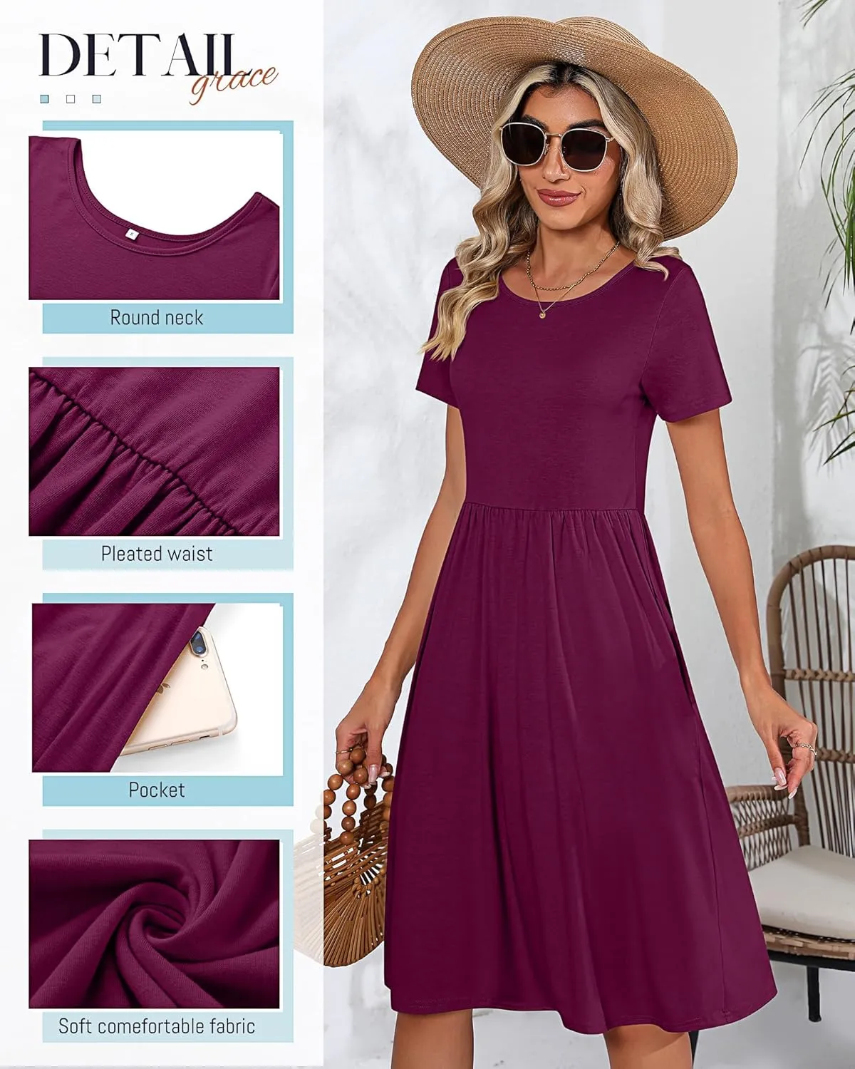 Riyiper 2 Pack Women Short Sleeve Dresses, Loose Fit Casual T Shirt Dress, Ladies Knee Length Swing Dress with Pockets