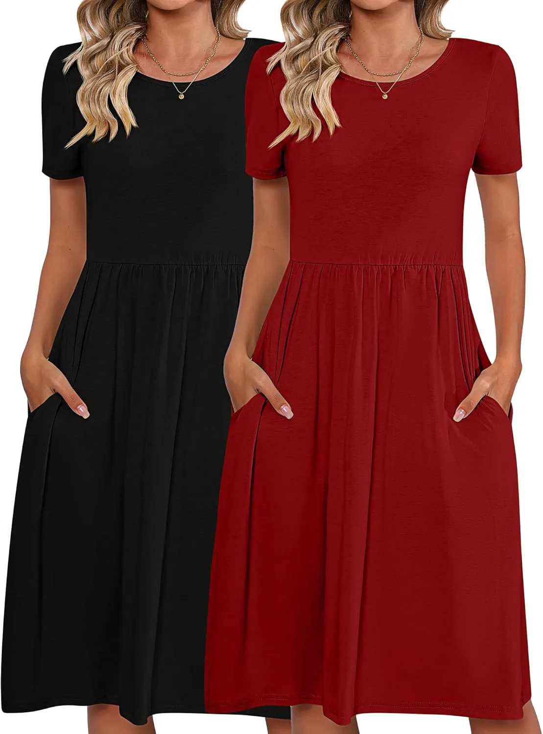 Riyiper 2 Pack Women Short Sleeve Dresses, Loose Fit Casual T Shirt Dress, Ladies Knee Length Swing Dress with Pockets