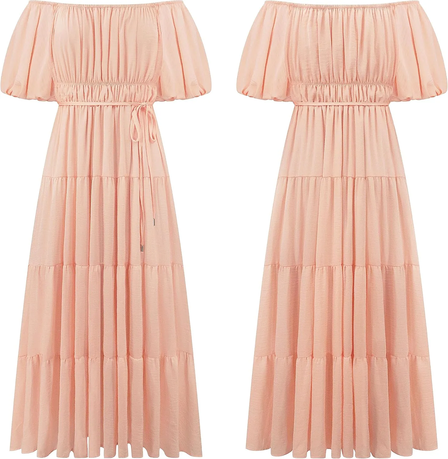 R.Vivimos Off-Shoulder Dresses for Women Summer Puff Sleeve Empire Waist Casual Ruffle A-Line Flowy Midi Dress with Belt