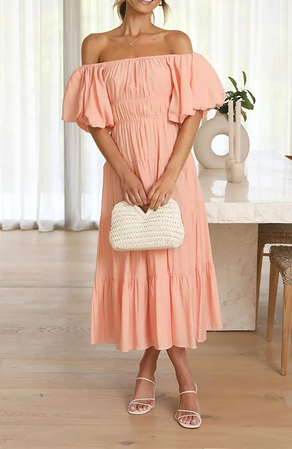 R.Vivimos Off-Shoulder Dresses for Women Summer Puff Sleeve Empire Waist Casual Ruffle A-Line Flowy Midi Dress with Belt