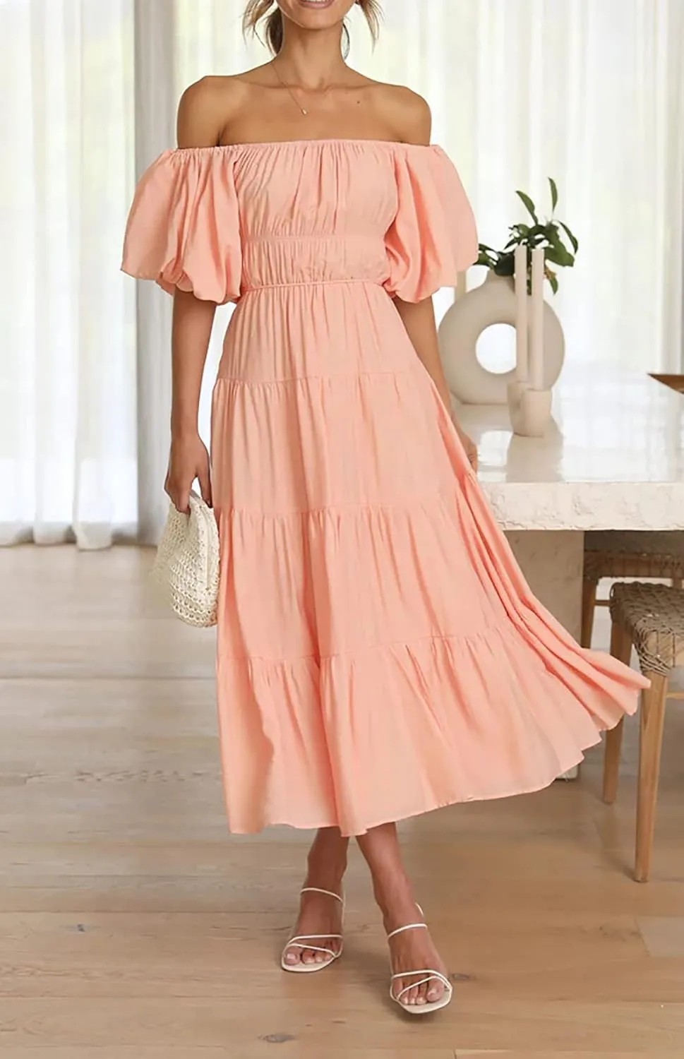 R.Vivimos Off-Shoulder Dresses for Women Summer Puff Sleeve Empire Waist Casual Ruffle A-Line Flowy Midi Dress with Belt