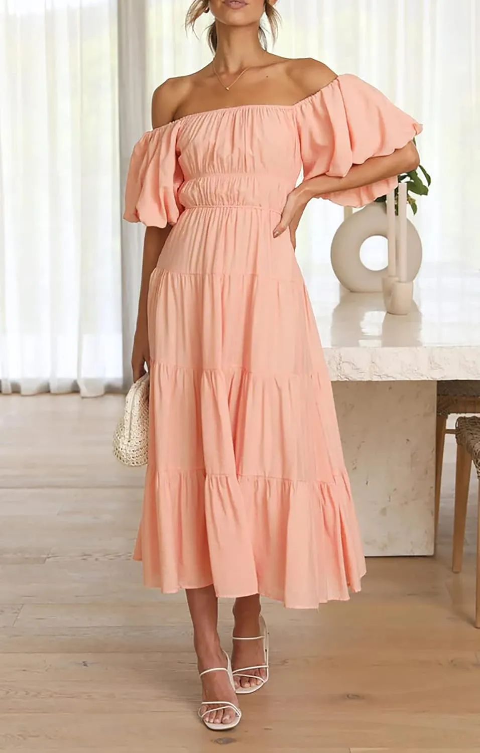 R.Vivimos Off-Shoulder Dresses for Women Summer Puff Sleeve Empire Waist Casual Ruffle A-Line Flowy Midi Dress with Belt