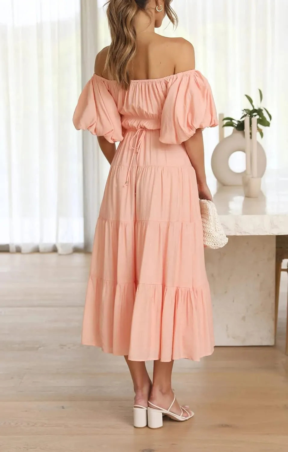 R.Vivimos Off-Shoulder Dresses for Women Summer Puff Sleeve Empire Waist Casual Ruffle A-Line Flowy Midi Dress with Belt