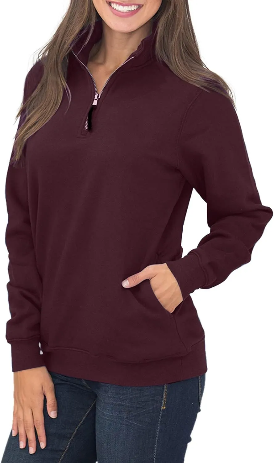 Samefar Womens Warm Cozy High Neck Long Sleeve Solid 1/4 Zip Pullover Sweatshirts with Pockets
