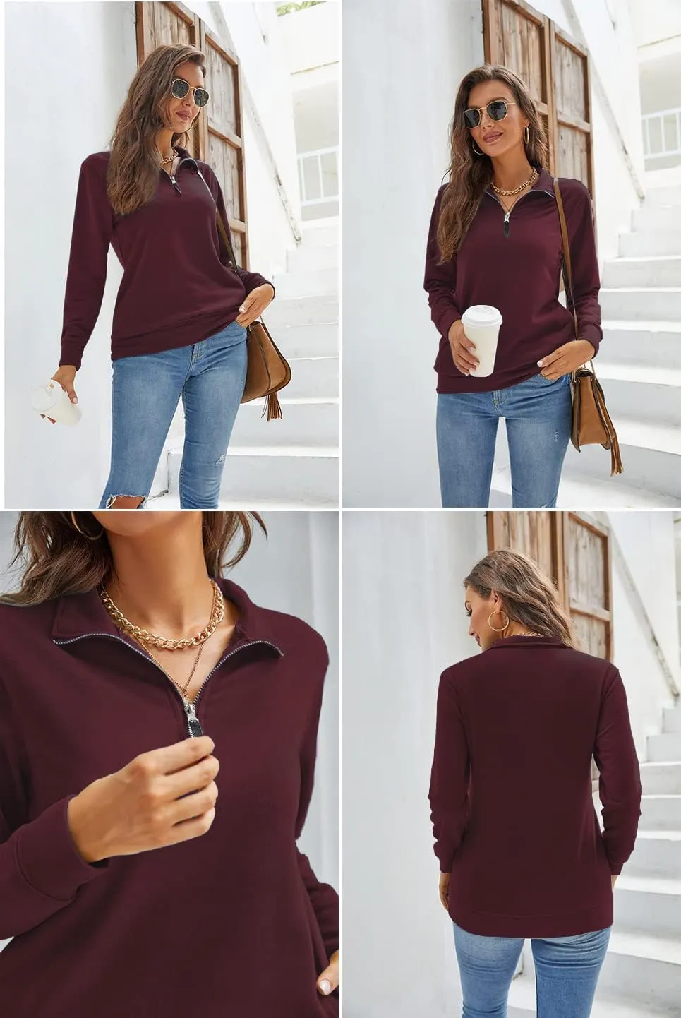 Samefar Womens Warm Cozy High Neck Long Sleeve Solid 1/4 Zip Pullover Sweatshirts with Pockets