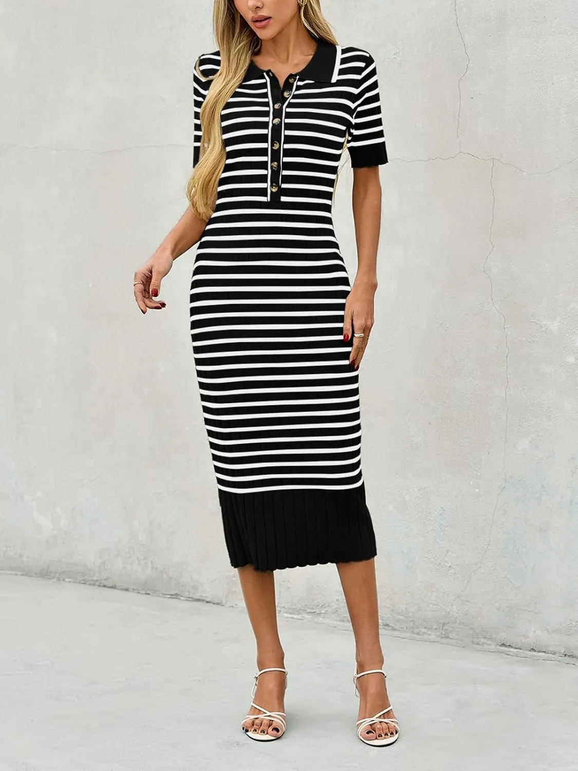 Saodimallsu Womens Bodycon Long Knit Dresses Summer Short Sleeve Striped V Neck Polo Elegant Midi Sweater Dress