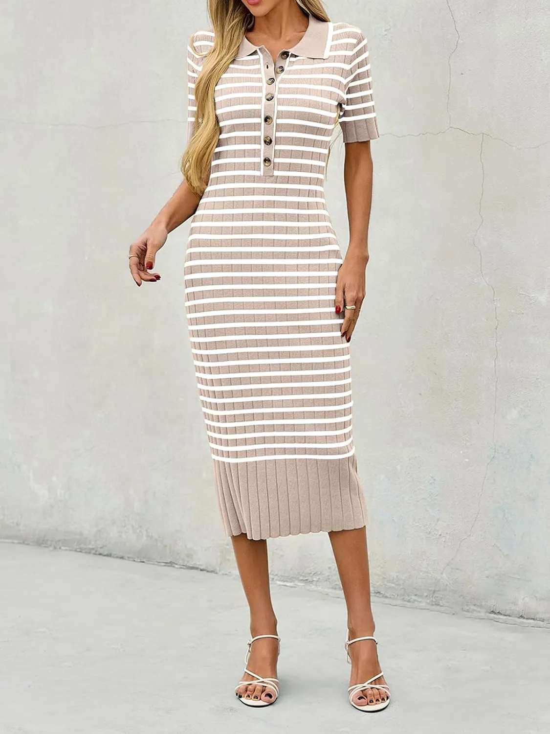 Saodimallsu Womens Bodycon Long Knit Dresses Summer Short Sleeve Striped V Neck Polo Elegant Midi Sweater Dress